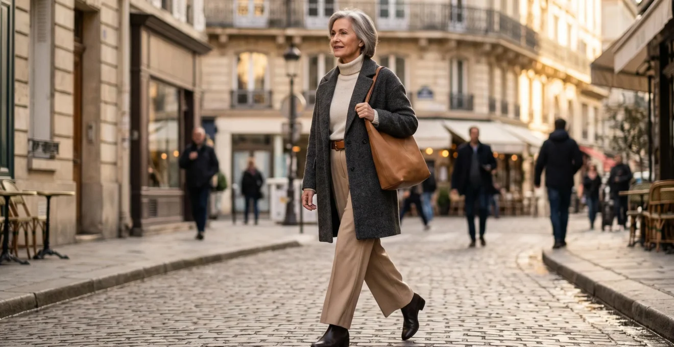Mannequin femme senior en mouvement lors d'un shooting mode extérieur dans une rue parisienne