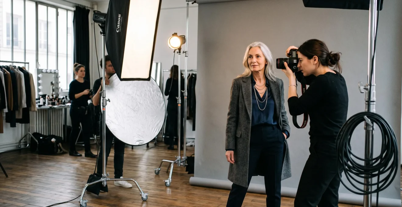 Mannequin femme senior lors d'une séance photo professionnelle dans un studio parisien avec photographe