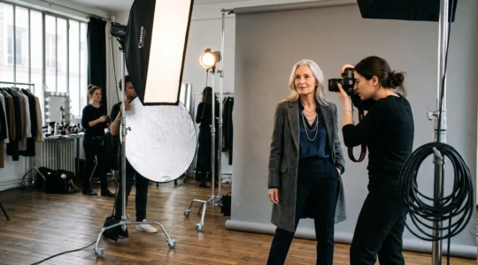Mannequin femme senior lors d'une séance photo professionnelle dans un studio parisien avec photographe