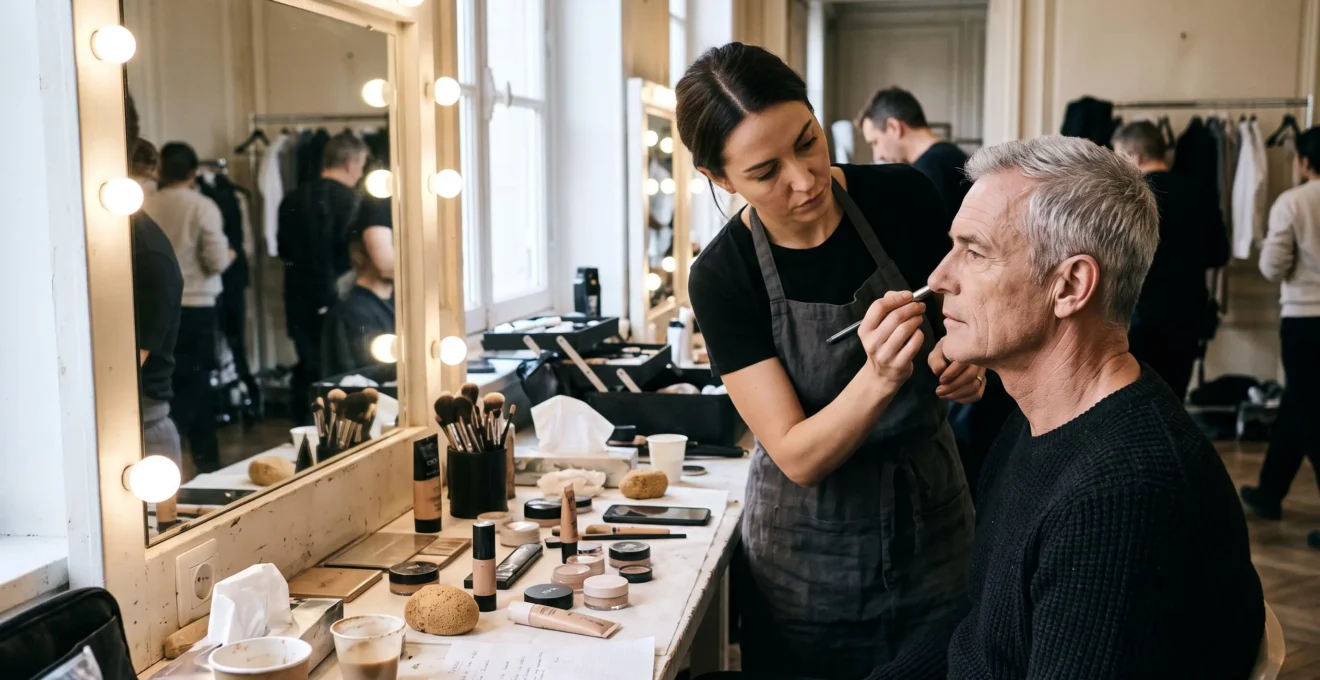 Maquilleur professionnel préparant un mannequin homme senior en loge avant une séance photo