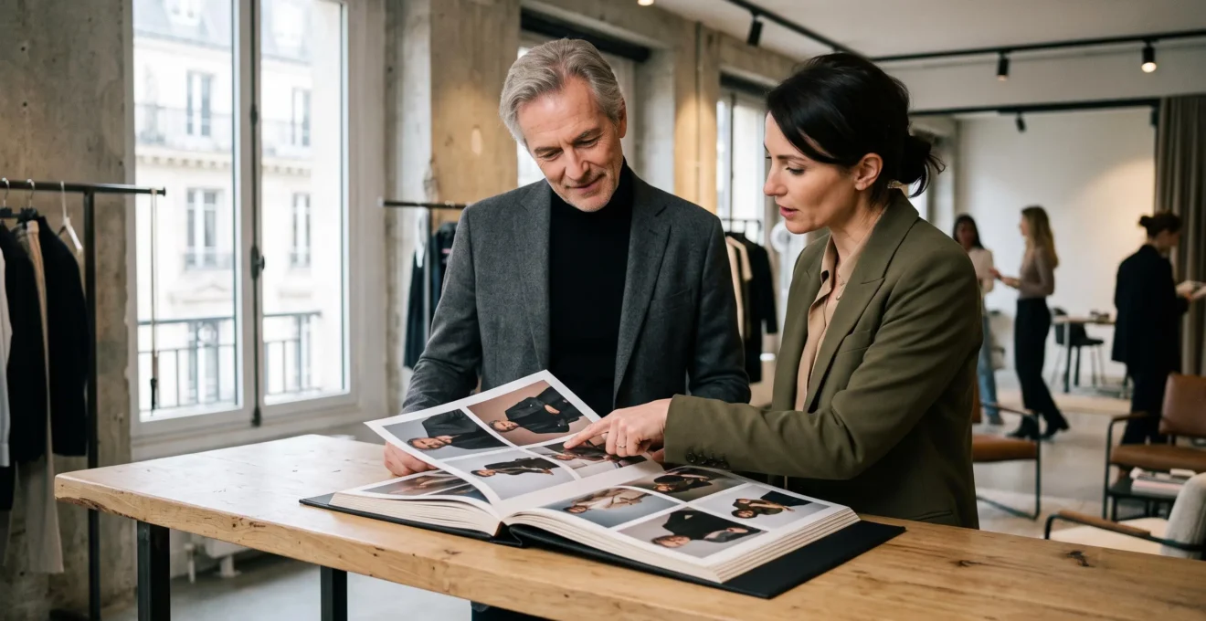Directrice de casting et mannequin senior consultant ensemble un book photo lors d'une session professionnelle